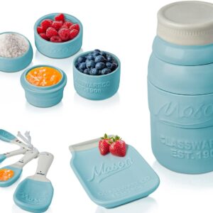 Comfify Vintage Mason Jar Kitchenware Set Multi-Piece Kitchen Ceramic Decor Set w/4 Measuring Cups, 4 Measuring Spoons and Spoon Rest - Attractive Vintage Style, in Aqua Blue Embossed Ceramic