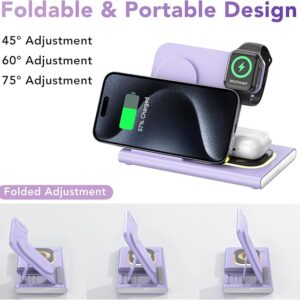 3 in 1 Foldable Charging Station for Apple Wireless Charger for iPhone 17 16 15 14 13 12 Series, Wireless Charging Station with Night Light for Apple Watch Charger for AirPods 4/3/2/Pro 3/Pro2(Purple)
