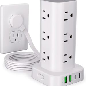 Power Strip Tower with Multiple Outlets, Flat Plug Power with 12 AC Outlets 4 USB Ports (2 USB C), 6FT Power Tower Bars for Home Office Dorm Room, White